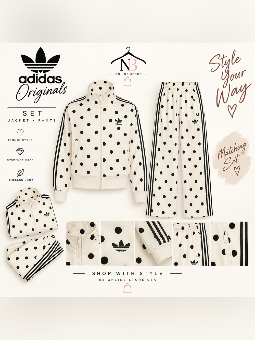 Adidas originals Cream & Black Polka Dot Track Jacket and Pants Set